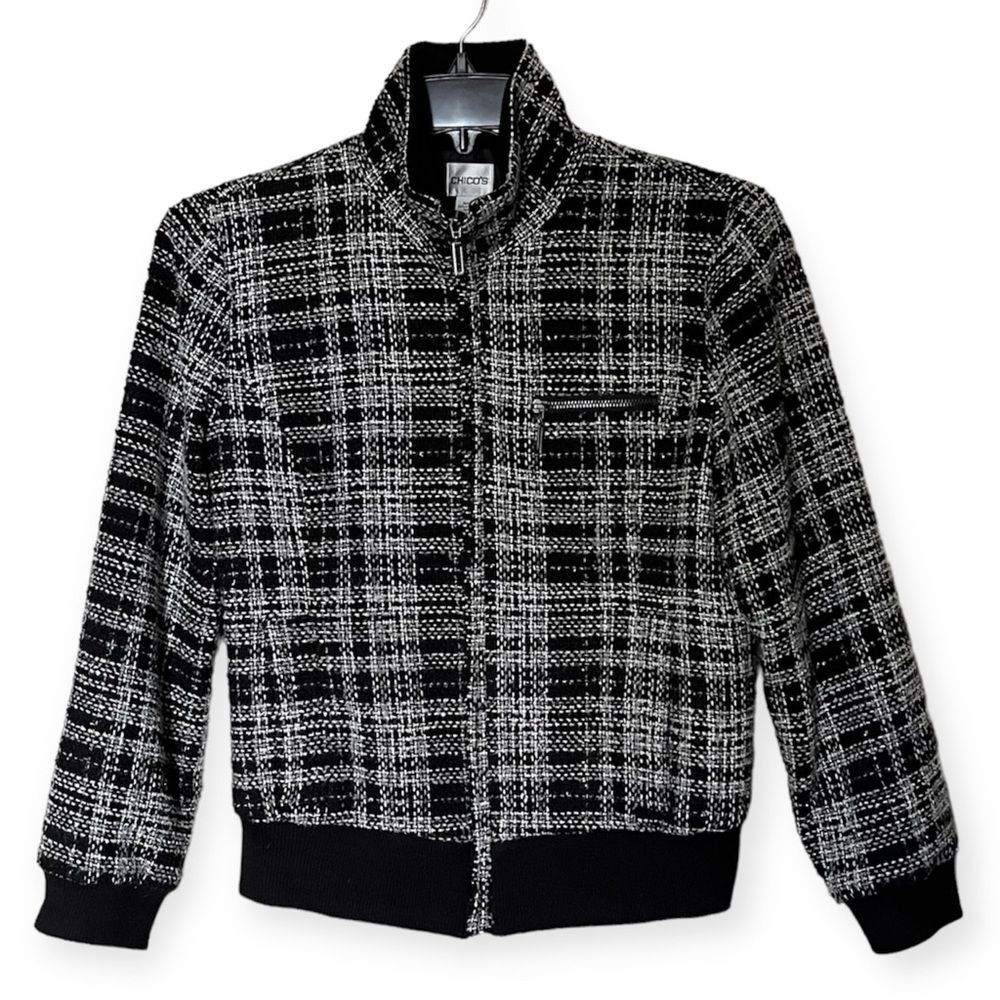 Chico's Black & White Plaid Bomber Jacket
